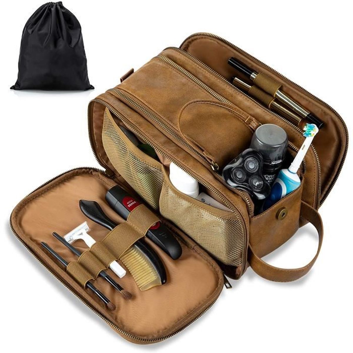 30.5 x 17 x 18 cm Trousse de Maquillage avec Imperméable PU Marron avec Sac Étanche Elviros Trousse de Toilette pour Homme et Femme avec Grande Capacité avec Crochet 