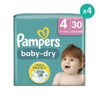Couches Pampers Baby-Dry Taille 4 - Pack de 30 - 9kg à 14kg - Blanc - Mixte