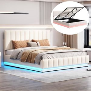 STRUCTURE DE LIT Lit coffre 160 x 200 cm avec LED - JAERLIUB - Tête de lit réglable - Sommier à lattes en métal - Blanc