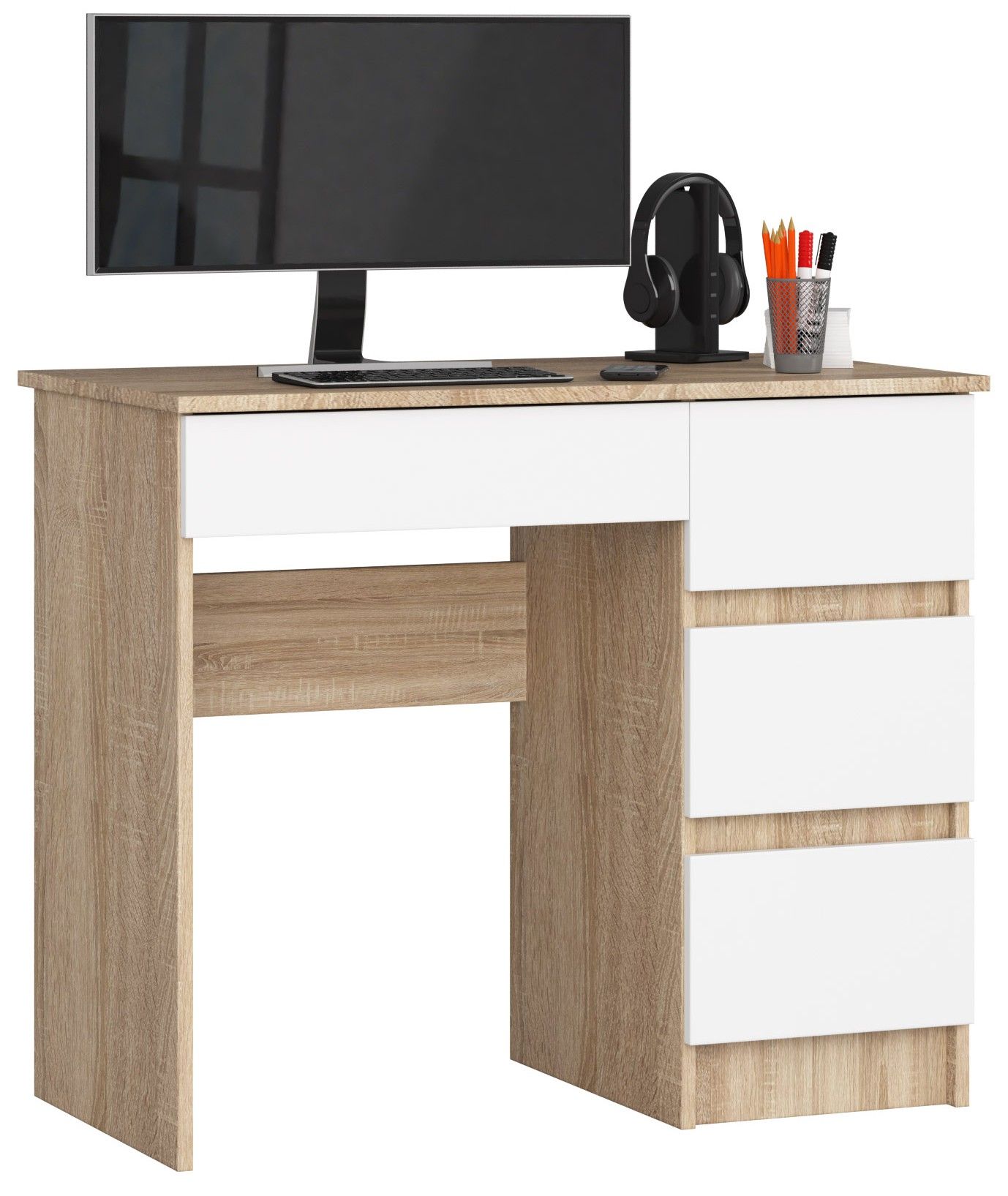 Bureau informatique extensible pour ordinateur, 2 tiroirs, blanc et chêne  clair brossé, Dimensions : 98,6x86,9x36- 70cm