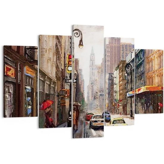 Tableau Déco Moderne New York De Nuit - 5 Parties, Image Sur Toile 200x100 Cm - Neuf