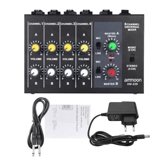 Micros DJ,Ammoon AM 228 Console de mixage Ultra compacte à faible bruit 8 canaux en métal Mono stéréo Audio table de Type EU PLUG #A