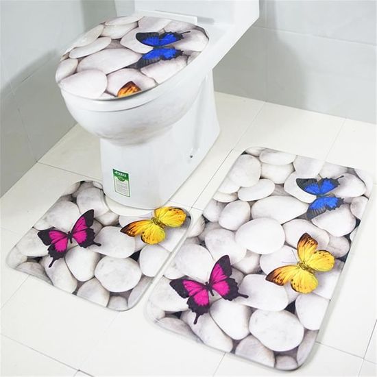 3 pièces-ensemble tapis de salle de bain antidérapant + couvercle de toilette couvercle ondulation