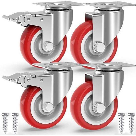 Lot de 4 roulettes pivotantes avec frein, 75 mm de diamètre industriel pour meubles, capacité de charge maximale 1200 lb (rouge) (rouge et argent Lot de 4 roulettes pivotantes avec frein, 75 mm de diamètre industriel pour meubles, capacité de charge maximale 1200 lb (rouge) (rouge et argent