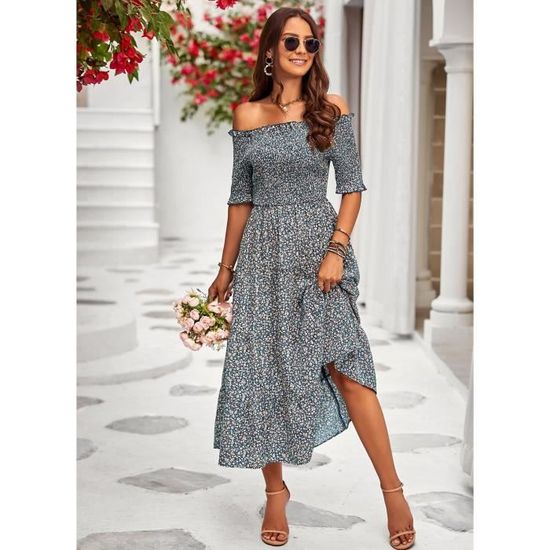 Robe Femme Chic Et Elegant Manches Courtes Boheme Vacances U00e0 La Plage - Marron Marron
