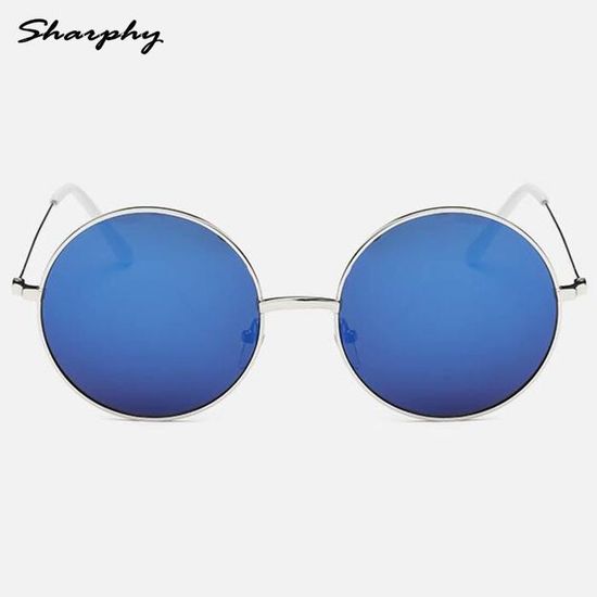 SHARPHY® Lunettes de soleil  Homme Femme Rétro Argent Frame Grandes lunette rondes Verre de lunettes Bleu