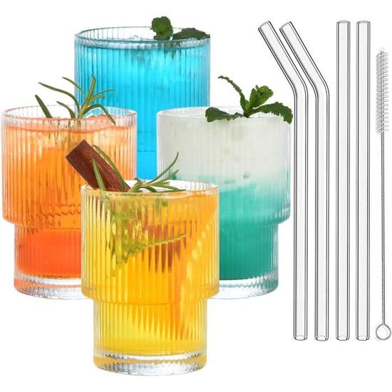 Lot De 2 Verres à Cocktail 320 Ml Avec Pailles En Verre - Pour Café Latte, Mojito, Jus, Bière