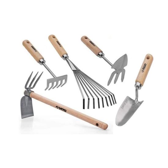 Kit 5 outils de jardin VITO - Manche bois Inox et Fer forgés - Entretien des potagers et massifs