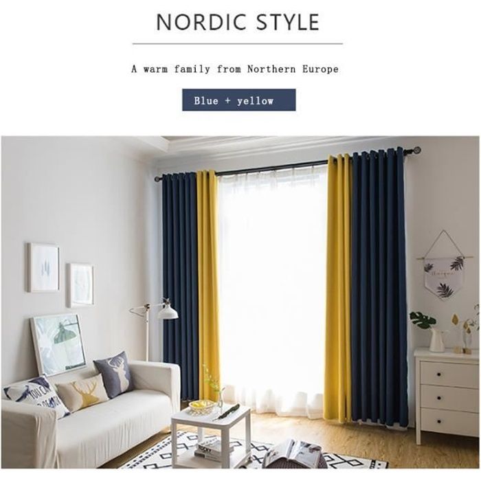 Rideau occultant assombrissant isolant thermique doux pour chambre de salon Bleu et Jaune