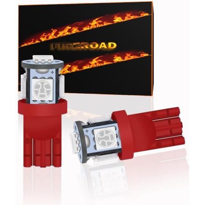 Ampoule LED T10 W5W voiture ROUGE 2Pcs 6000K 5 SMD auto norme Française FIREROAD®