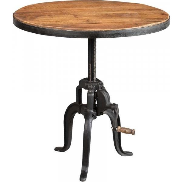Table ronde fer forgé et bois avec manivelle - 70 x 45 cm