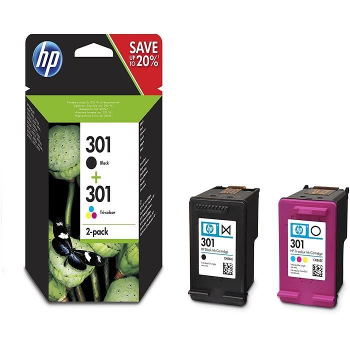 Pack de 2 cartouches d encre noir et 3 couleurs HP 301
