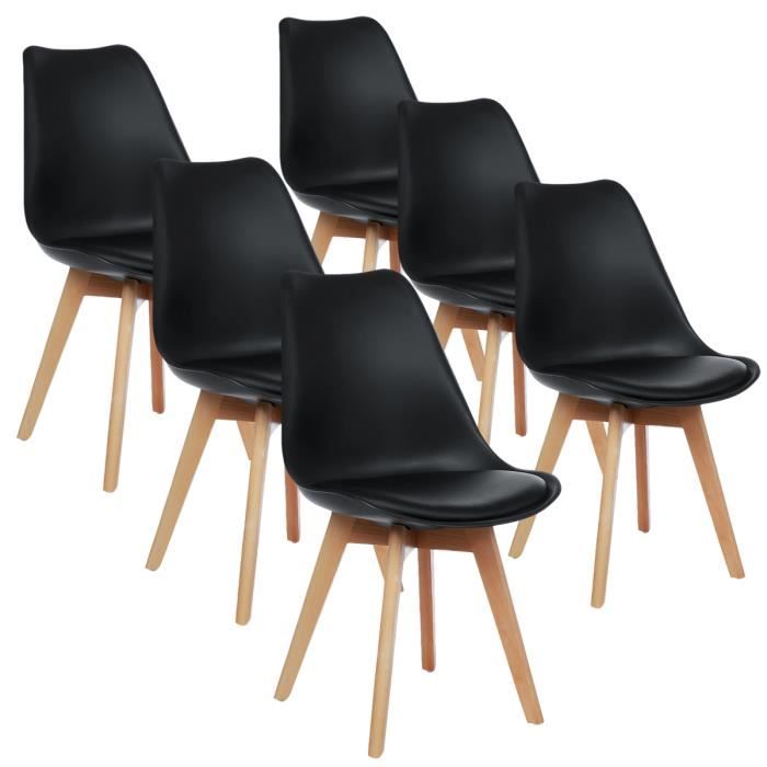 Lot de 6 chaises - Scandinave - Pieds bois - avec Coussin Noir