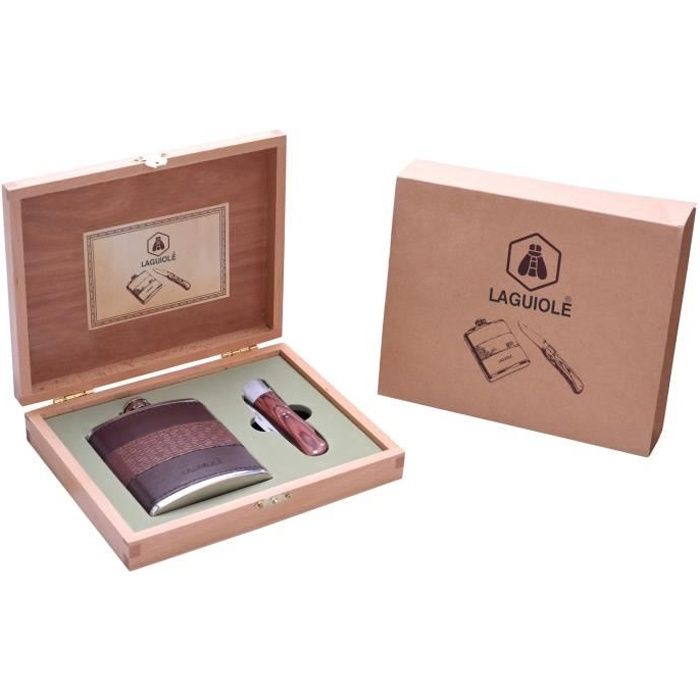 Coffret flasque gainée cuir et couteau pliant - Bois de rose - Set de chasse
