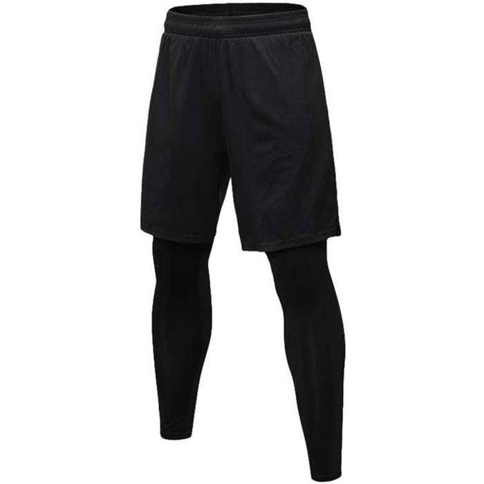 Short de Fitness 2 en 1 pour Homme avec Legging de Compression Pantalon de Running Séchage Rapide Collant de Sport - Noir, CN S