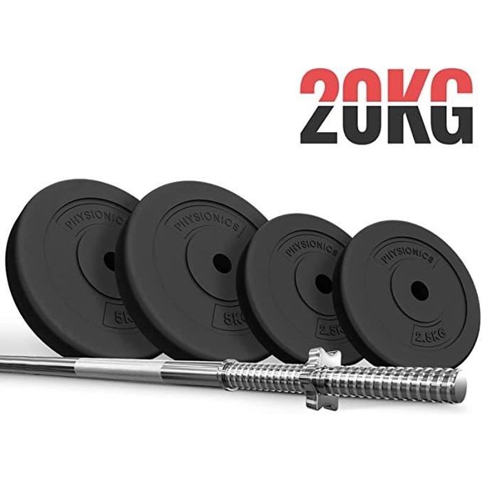 Physionics® Barre d'Haltère Longue avec Disques de Poids - Barre (120cm, Fermoirs, Max. 500kg) avec Disques 20 kg, Ø 31 mm - Fitness
