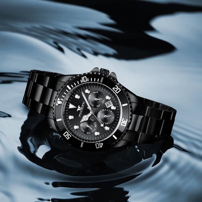 RMEGA Montre Homme Montre Bracelet Homme Affaires Quartz Etanche Acier Inoxydable Bande Acier Cadran Noir