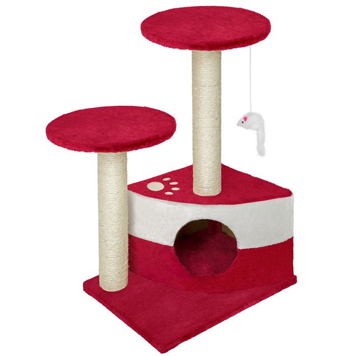 TECTAKE Arbre à chat 71 cm TOMMY Griffoir 1 Cabane + 1 Souris Rouge Bordeaux