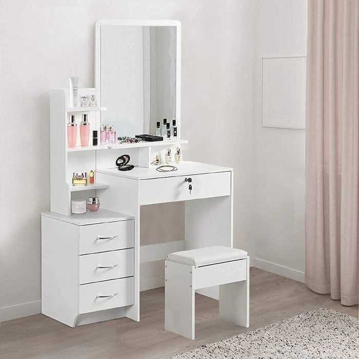 coiffeuse blanc - ensembles table de maquillage - miroir - tabouret - tiroirs - meuble moderne - chambre