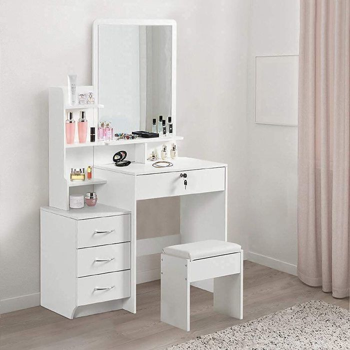 Coiffeuse Vicco Ruben Blanche – Avec Miroir, 4 Tiroirs Et Banc (neuve)