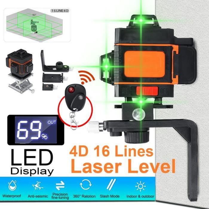 Niveau Laser 360° 4D 16 Lignes – Batterie 2600mAh + Chargeur – IP54 – Neuf