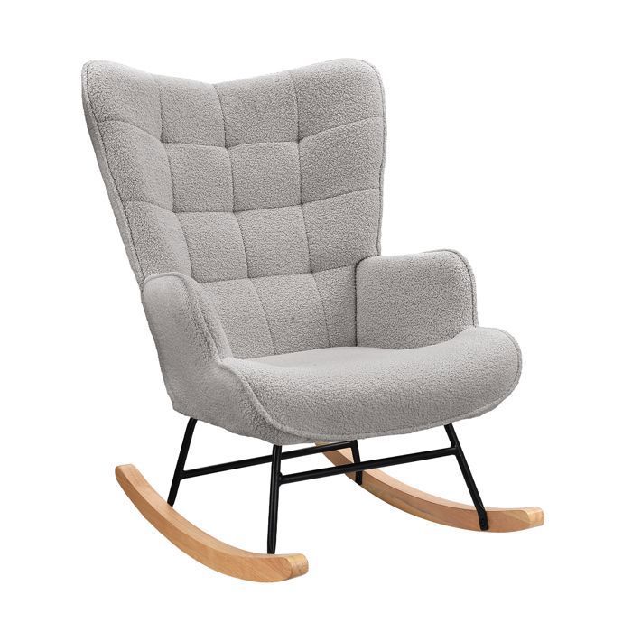 Fauteuil à Bascule Fauteuil de Relaxation Velours Teddy Rocking Chair pour Salon Bois Massif et Cadre en Métal Gris Clair