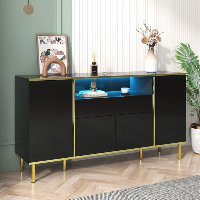 Lemonbest Buffet Salon 150 x 40 x 80 cm Buffet avec Lumière LED Compartiment Ouvert 4 Portes et 1 Tiroirs Commode Noir