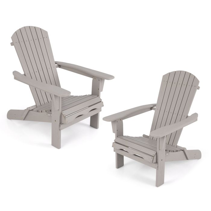 COSTWAY Lot de 2 Chaises Adirondack Pliantes de Jardin en Bois de Sapin Dossier Haut Incliné Accoudoirs Larges Charge 180kgGris