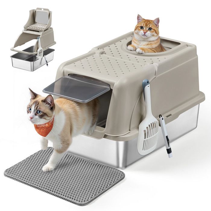 Comparer les prix de Bac à Litière Chat - Feandrea - Acier Inoxydable - Grande Taille - Étanche - Beige Cappuccino