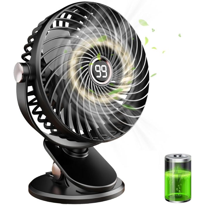 Mini ventilateur USB à pince silencieux 5 vitesses rotation 720° écran LCD rechargeable pour bureau et camping - Union Reisen