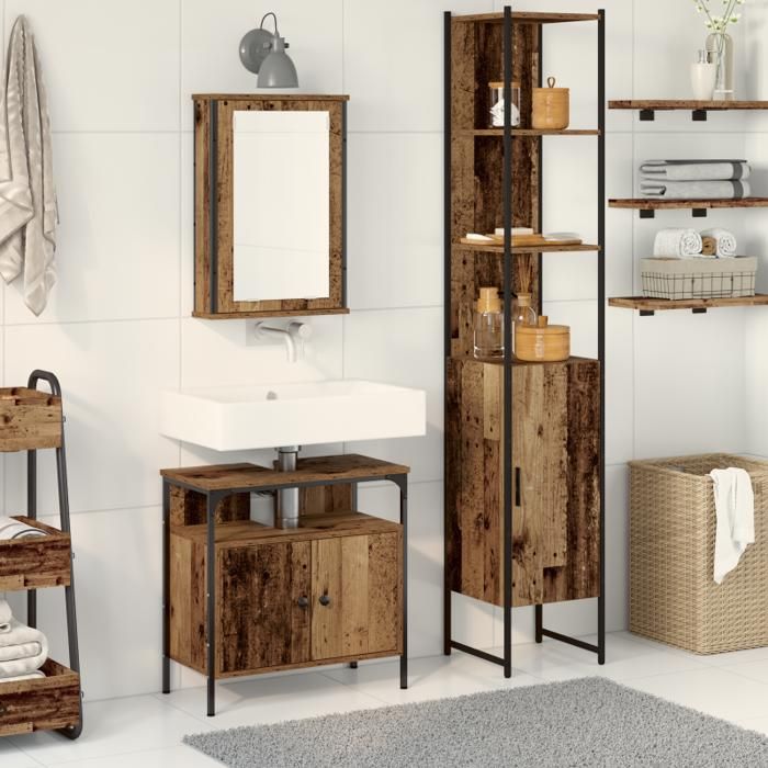 Meuble lavabo salle de bain avec évier intégré en bois ancien en bois reconstitué