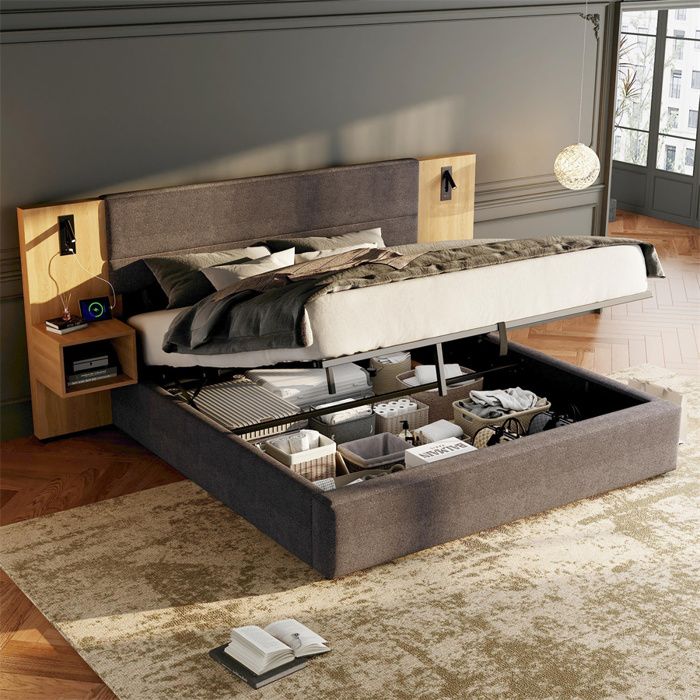 Lit 180x200 avec Sommier et Table de Chevet Lit Coffre 2 Place avec Tête de Lit Large et USBLampe de LectureVelours Gris et Bois