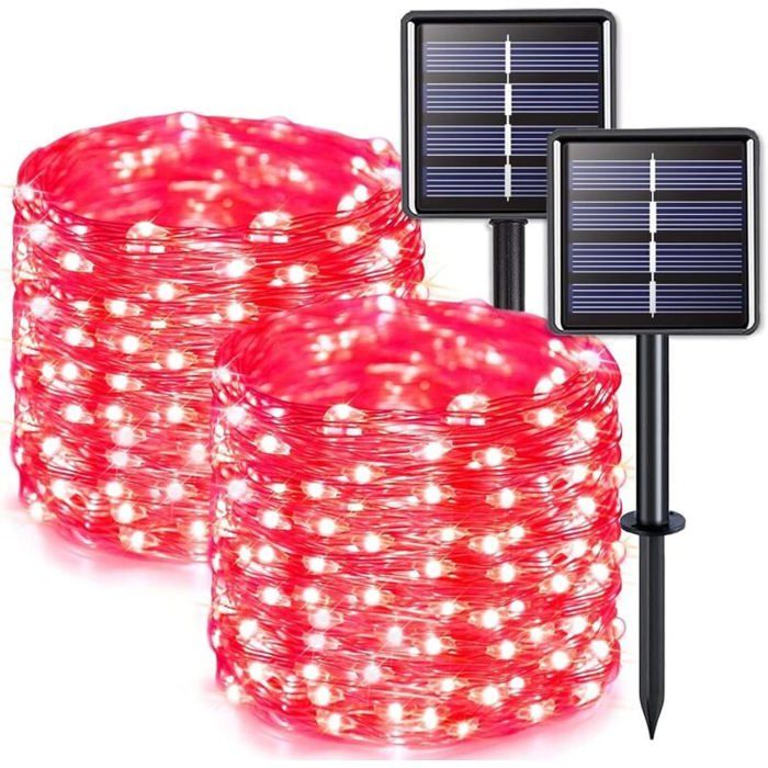 Lot de 2 guirlandes lumineuses solaires dextérieur fil de cuivre étanches 22 mètres par guirlande 200 LED (lumière rouge)