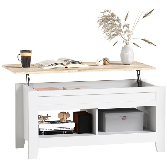 Table basse - HOMCOM - plateau relevable - avec étagères et compartiment caché - 105 x 50 x 49-625 cm - blanc