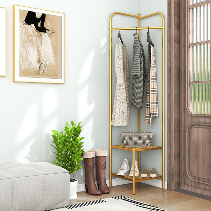 COSTWAY Porte-Manteau Tringles d’Angle Moderne Vestiaire avec Etagère à 2 Niveaux Meuble d’Entrée 42 5 x 42 5 x 193 5 CM Or