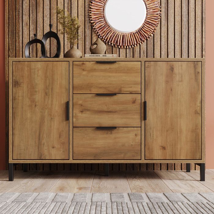Commode avec 2 portes et 3 tiroirs 120 x 40 x 76 cm en chêne foncé étagère réglable buffet Highboard espaces de vie