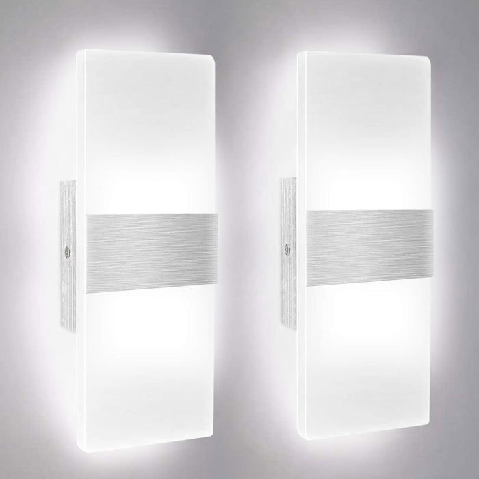 2Pcs Applique Murale Intérieure LED 12W Lampe Murale en Acrylique Blanc Froid 6000K pour Salon Chambre Couloir Salle de Bain