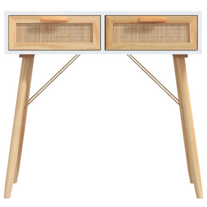 Table console - vidaXL - Blanc - 80x30x75 cm - Bois massif pin - Rotin naturel - 2 tiroirs - Style scandinave