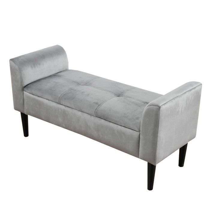 Banc rembourré velours gris motif matelassé avec accoudoirs - Structure MDF - 180x50x45cm - Pour chambre salon ou salle à manger