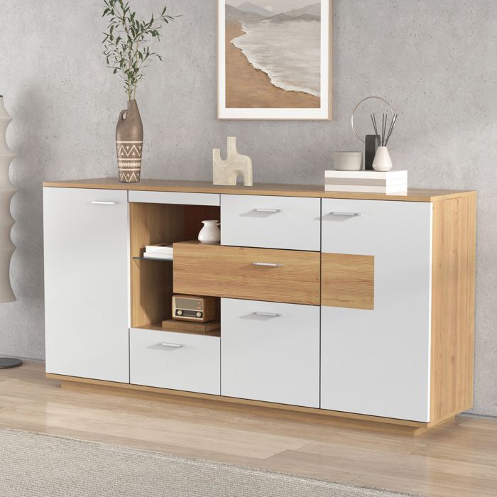 Buffet Blanc et Bois avec éclairage LED tiroirs et portes – Meuble Rangement moderne pour salon & salle à manger 160 x 40 x 70 cm Buffet Blanc et Bois avec éclairage LED tiroirs et portes – Meuble Rangement moderne pour salon & salle à manger 160 x 40 x 70 cm