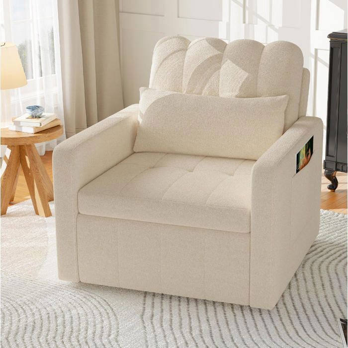 Fauteuil Chaise longue Chaise rembourré Canapé-lit Fauteuil individuel Canapé-lit convertible avec espace de rangement Beige