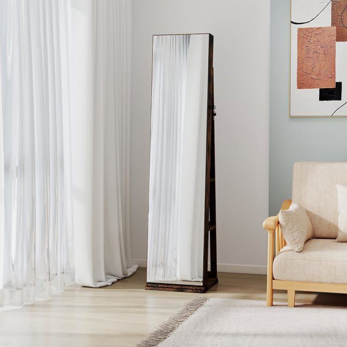 GIANTEX Armoire a Bijoux sur Pied Pivotante à 360° avec Miroir Pleine Longueur Étagères Arrière Miroir de Maquillage LED Marron