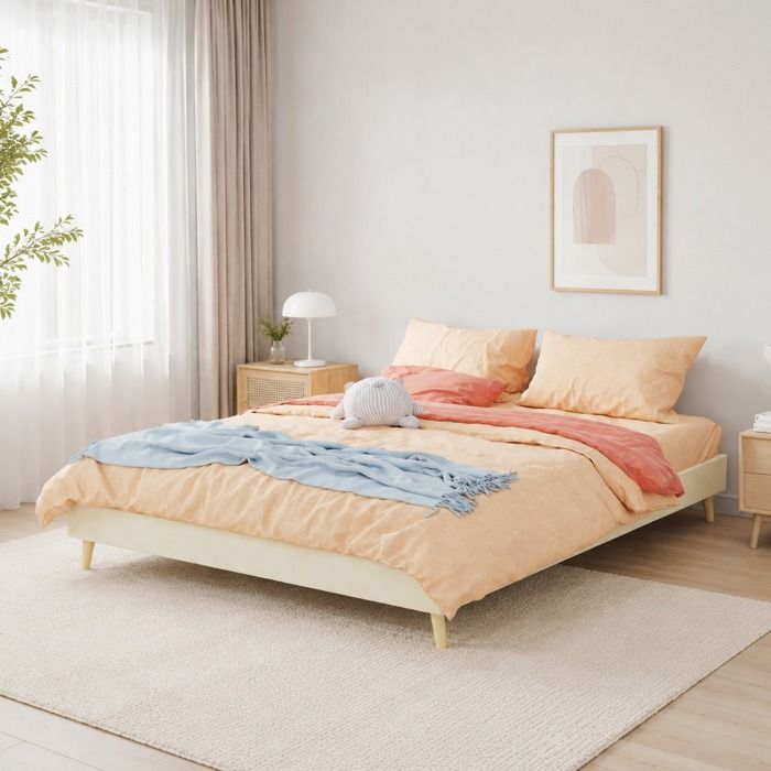 Maisentiel Cadre de lit bas 160 x 200 cm beige en velours hollandais avec sommier à lattes