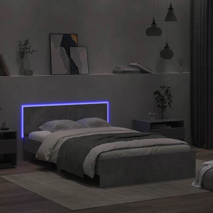 Best 2026Lit 2 places Gris - 120x190 cm - LEMON® - Cadre de lit avec tête de lit et LED gris béton 120x190 cm 4764243