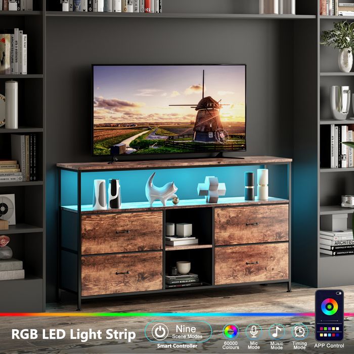 Meuble TV LED Meuble TV haut 108 cm Table TV 4 tiroirs en tissu étagères ouvertes rangement structure acier 108×30×78 Marron