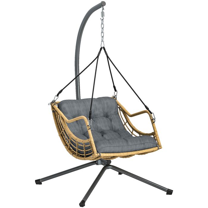 Fauteuil suspendu - Outsunny - support et coussin - attache de sécurité - hauteur réglable - résine tressée - 118x100x192cm - gris