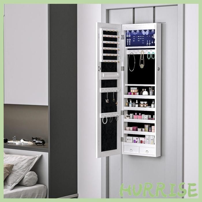 Cocosity Armoire À Bijoux Suspendue Au Mur Ou À La Porte Avec Miroir Led 5 Étagères 2 Tiroirs 37X10X120Cm Effet Bois Grisé