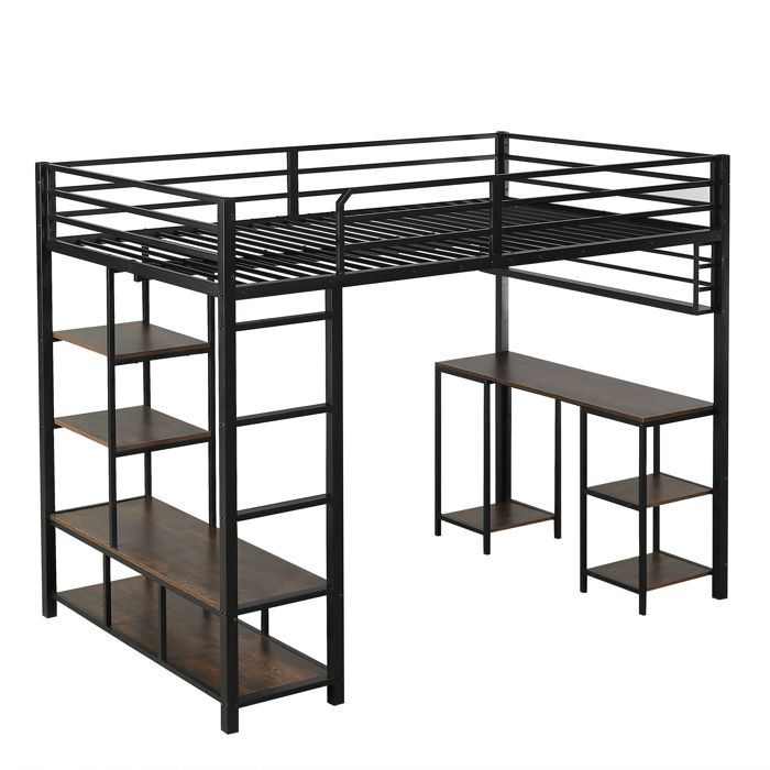 Lit Combiné Mezzanine 120x200 cm - Métal Noir Bureau Intégré et Rangements sans Matelas