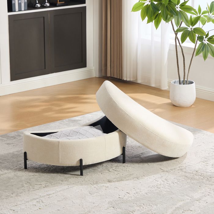 Tabouret de rangement en croissant - Repose-Pieds en Velours Beige et Pieds en Métal - Couvercle réversible - Stable et Chic