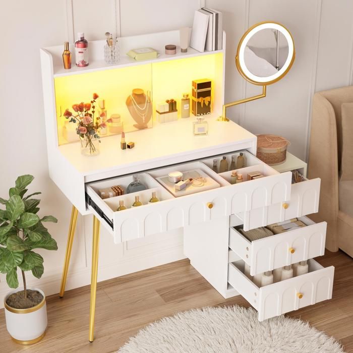 HOMVRA Coiffeuse design 112x34,5x116 cm avec miroir LED pivotant et ...